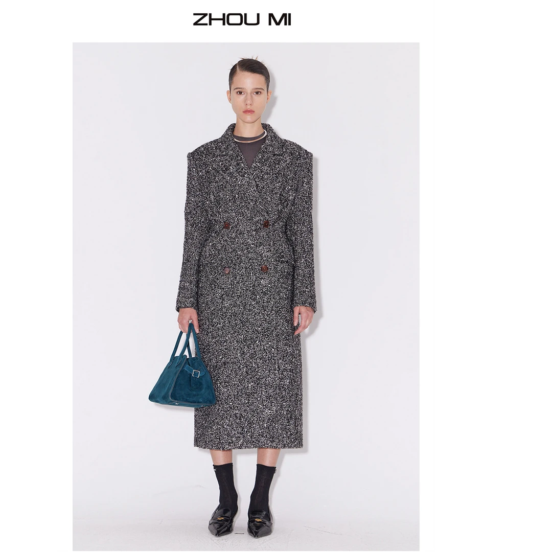 ZHOUMI 时尚女士双排扣粗秋冬花呢翻领呢大衣  ZY2735