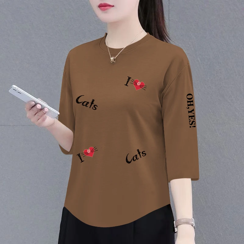女士纯棉七分袖上衣女春夏新款圆领宽松显瘦百搭洋气不规则t恤女