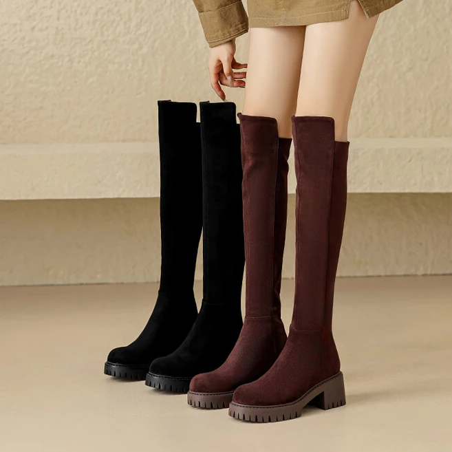 显瘦麂皮绒弹力瘦瘦靴2025秋冬过膝骑士靴加绒中跟长筒厚底高筒靴
