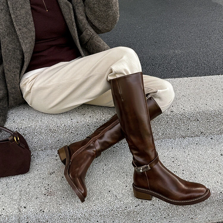 海洋女鞋2024秋冬真皮长靴复古高筒骑士靴粗跟厚底显瘦长筒瘦瘦靴