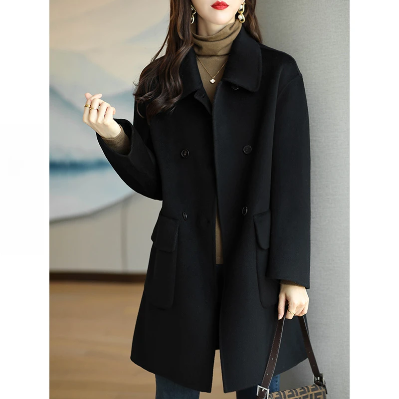 正宗双面呢100%羊毛大衣女爆款小个子黑色外套秋冬季高级感气质