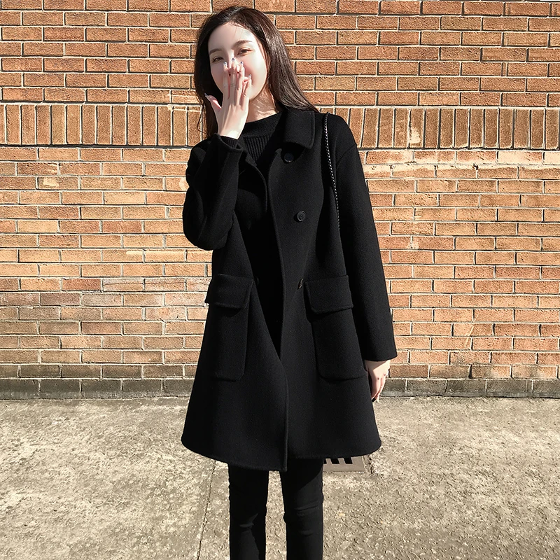 气质高端双面毛呢子大衣女小个子秋冬新款中长款黑色羊毛呢外套