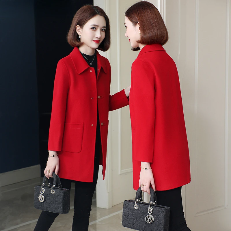 新款高端双面绒大衣女中长款修身中老年妈妈羊毛呢子小个子外套秋