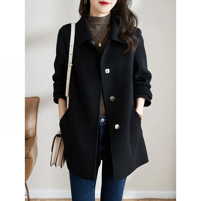 高端黑色双面绒羊毛大衣女小个子秋冬新款今年流行毛呢子外套保暖
