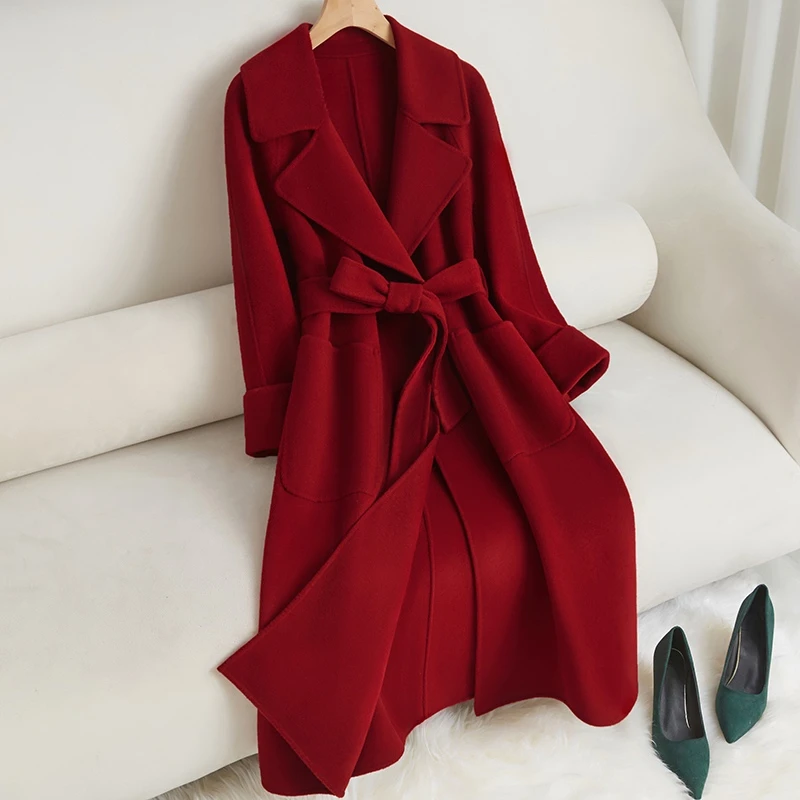 红色双面大衣女秋冬高级感中长款高端气质赫本新款爆款外套静奢风