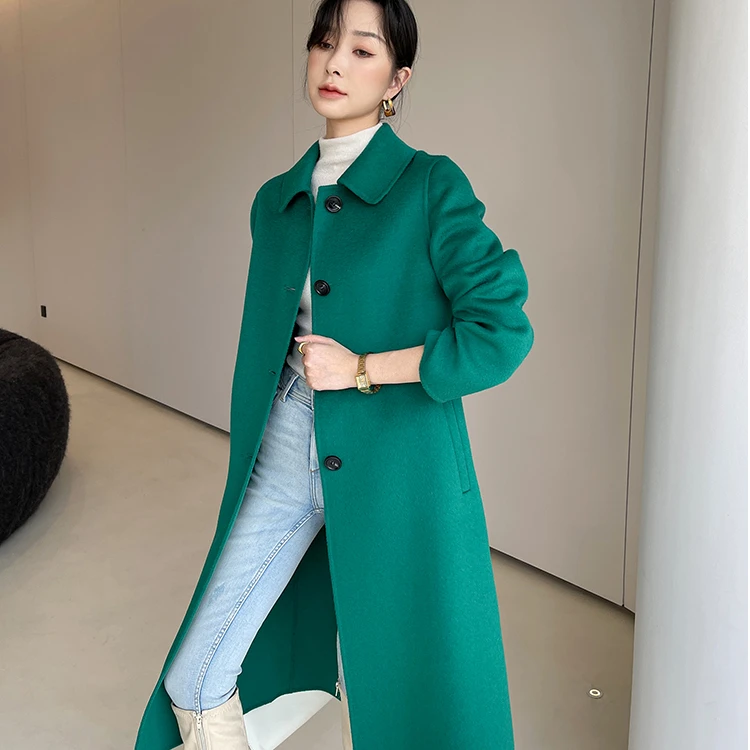双面羊绒大衣中长款2025新款秋季赫本风绿色修身呢子羊毛呢外套