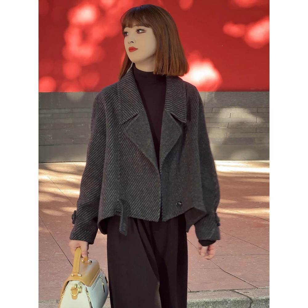 新款秋冬双面呢羊毛大衣女小个子高端中长韩版呢条纹外套气质休闲