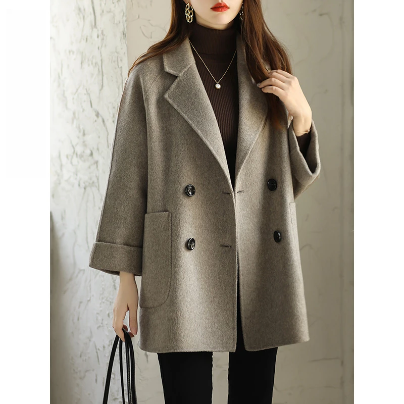 时尚新款秋双面绒大衣女高端茧型小个子羊毛呢外套宽松双面呢中长