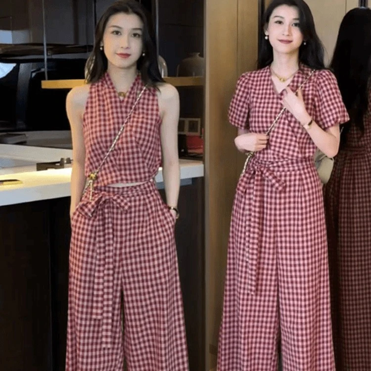复古格子时尚套装女夏季洋气气质减龄高腰显瘦收腰休闲裤两件套潮