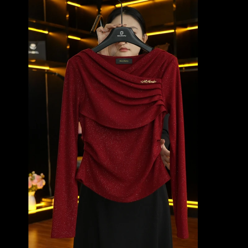 轻奢百搭修身冬季时尚气质高级红色显瘦上衣长袖设计感休闲打底衫