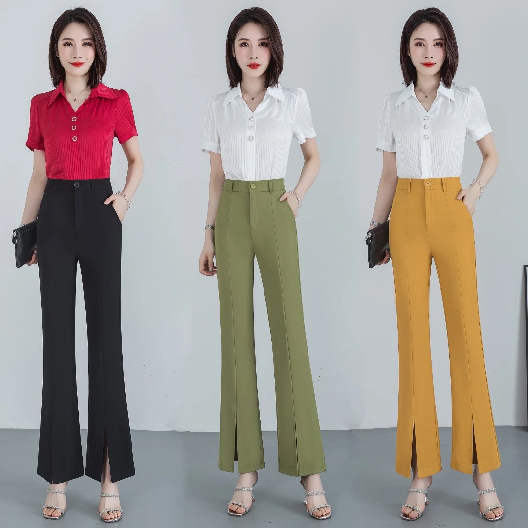 夏季新款高腰微喇裤修身垂坠感宽松小个子西裤直筒小微喇裤开叉款