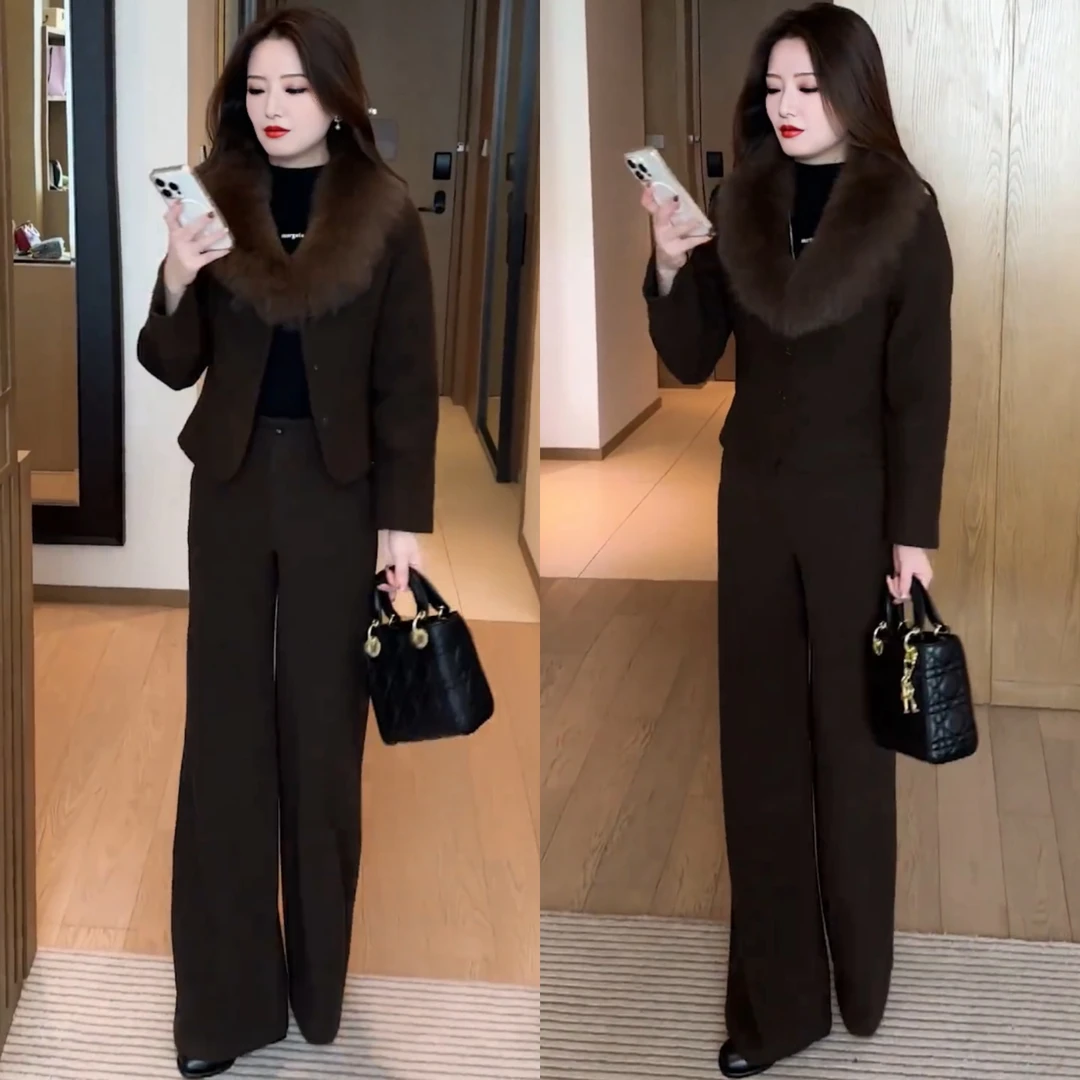2024秋冬夹棉新款休闲气质套装女显瘦洋气冬季毛领外套裤子两件套