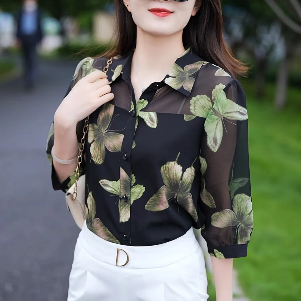 女士衬衫碎花薄款衬衣上衣显瘦气质洋气时尚夏季印花七分袖小衫
