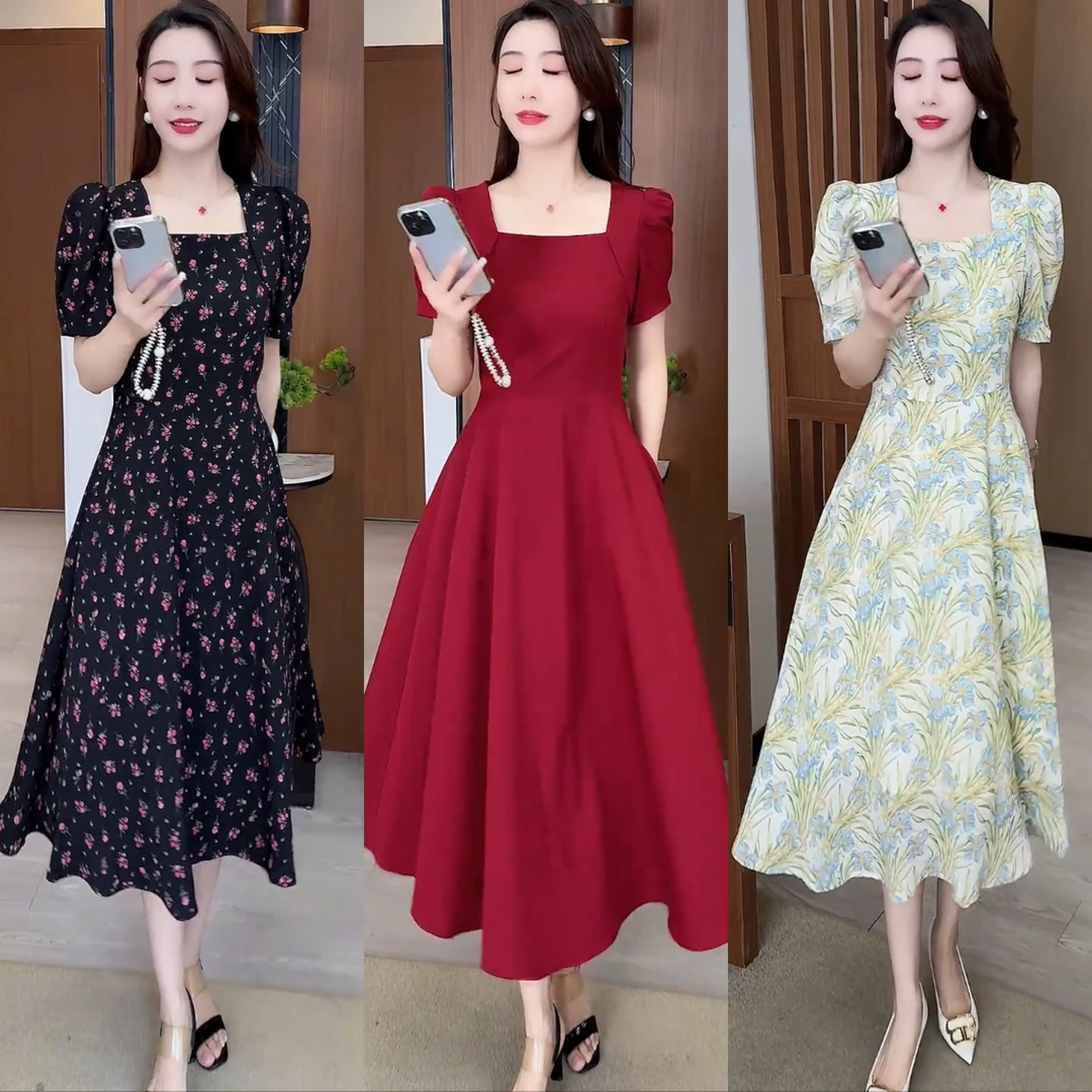 方领连衣裙法式新款夏季收腰时尚修身显瘦女气质小个子中长裙子