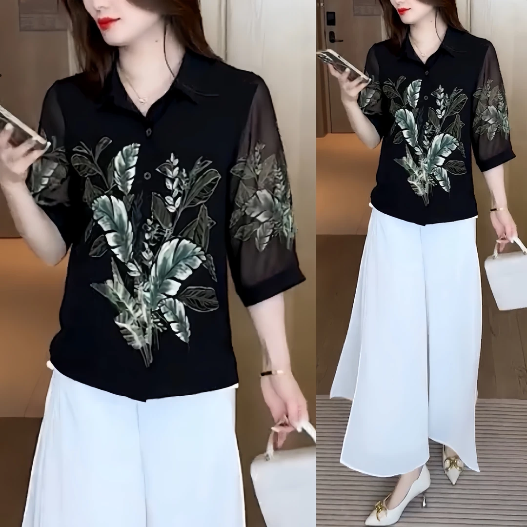 2024新款妈妈夏装衬衫上衣洋气时尚中老年人女装印花休闲气质衬衣