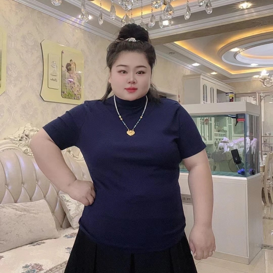 琳琳家*8001纯色气质半高领短袖T恤女早秋修身显瘦棉打底衫上衣