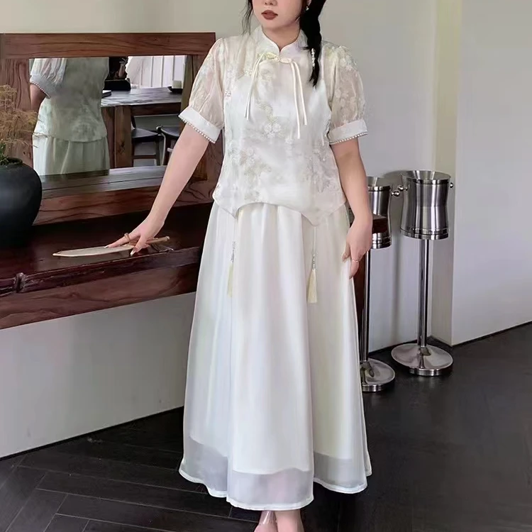 （琳琳家）新中式复古盘扣套装裙大码夏季流苏显瘦上衣半身裙两件套