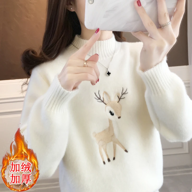 秋冬半高领针织打底衫女内搭2024新款慵懒风上衣加绒加厚白色毛衣