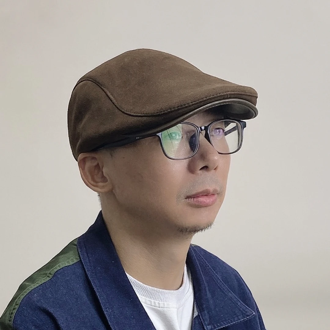 真皮羊皮鸭舌画家秋冬季磨砂老钱风前进复古帽子新款中老年男士