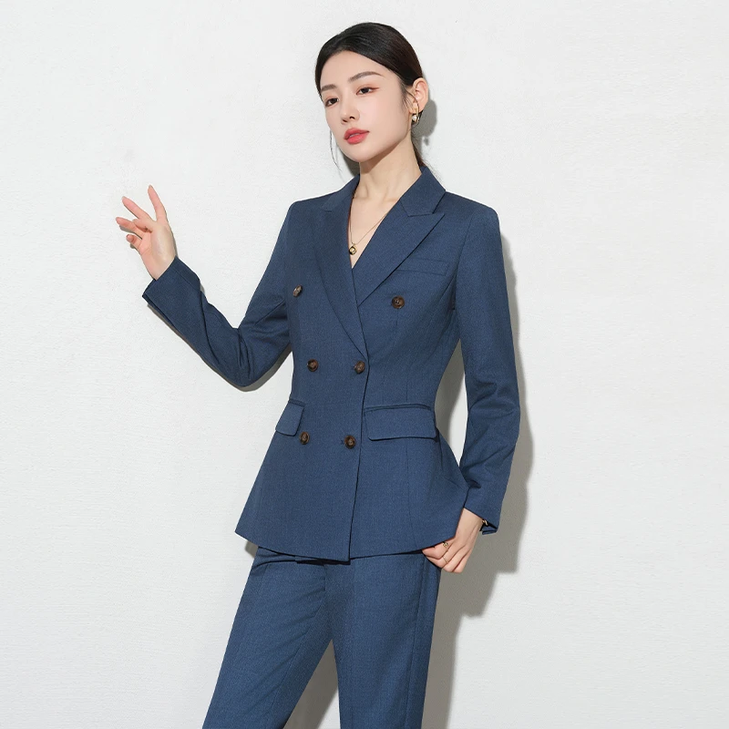 小个子女职业套装西服气质牛仔蓝色双排扣职场时尚日常通勤西装女