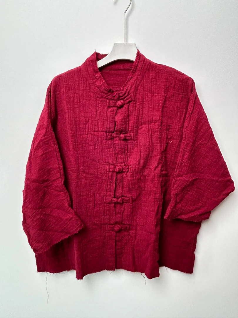 【流浪记】D211红色印花盘扣休闲上衣