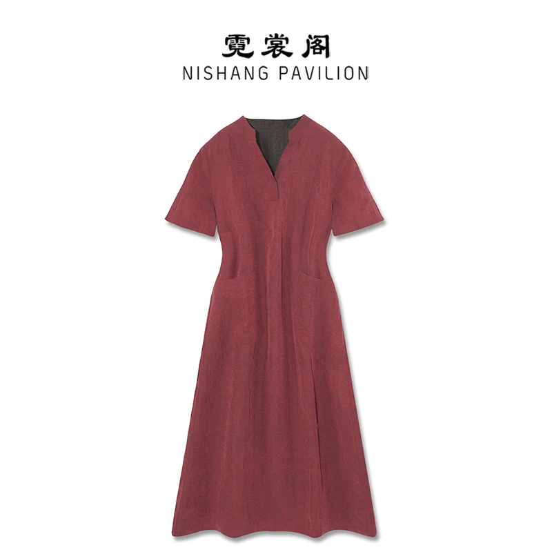 霓裳阁100桑蚕丝 龟裂纹双面双穿香云纱连衣裙（短袖红WF2482）