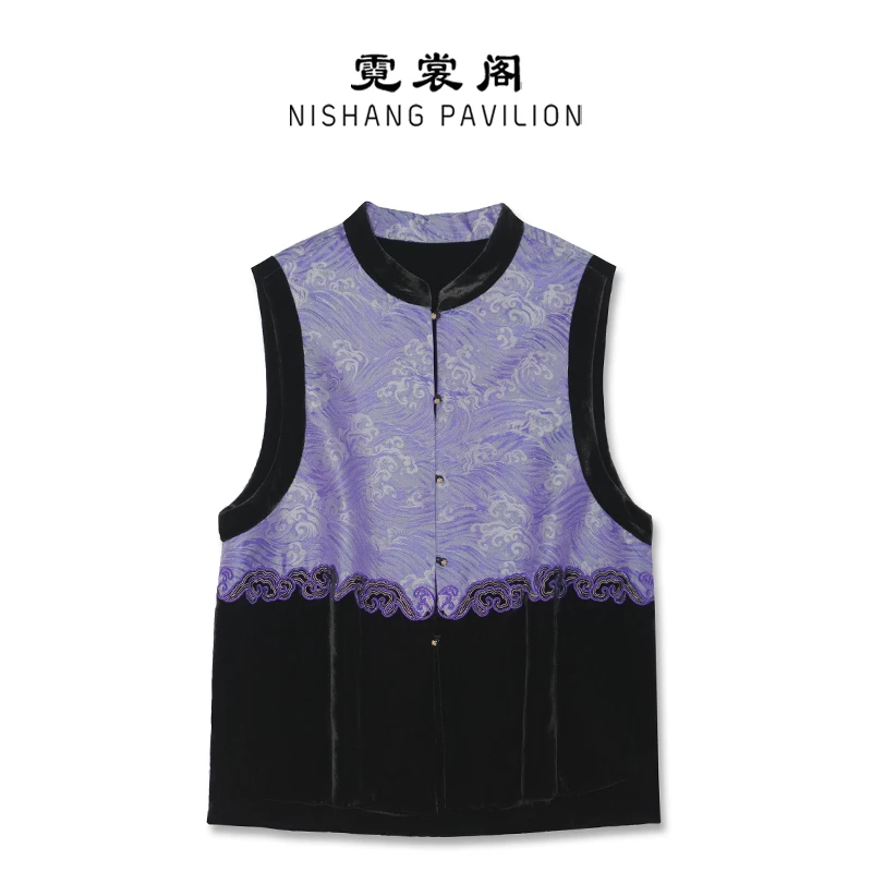 霓裳阁100蚕丝 秋季新品香云纱宋锦唐装上衣(江崖海浪紫色331283)