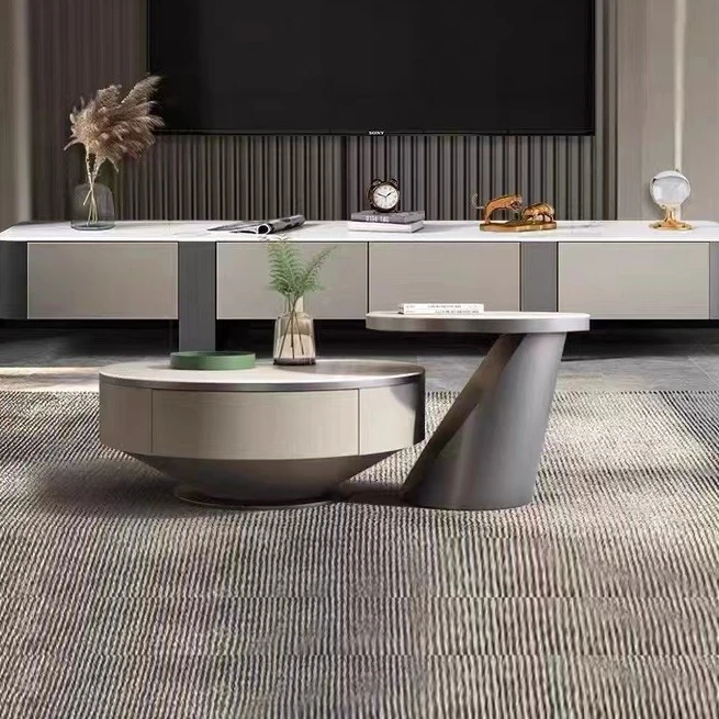 意式极简轻奢高端岩板圆形茶几组合现代简约小户型设计师客厅家用