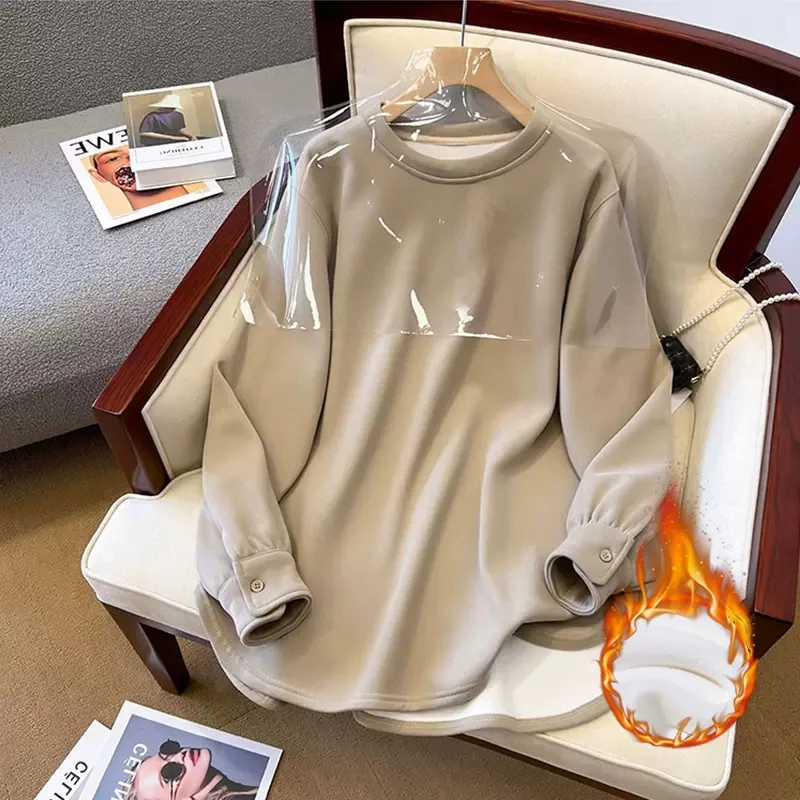 加绒打底衫女叠穿内搭秋冬宽松中长款小个子遮屁股上衣白色长袖t