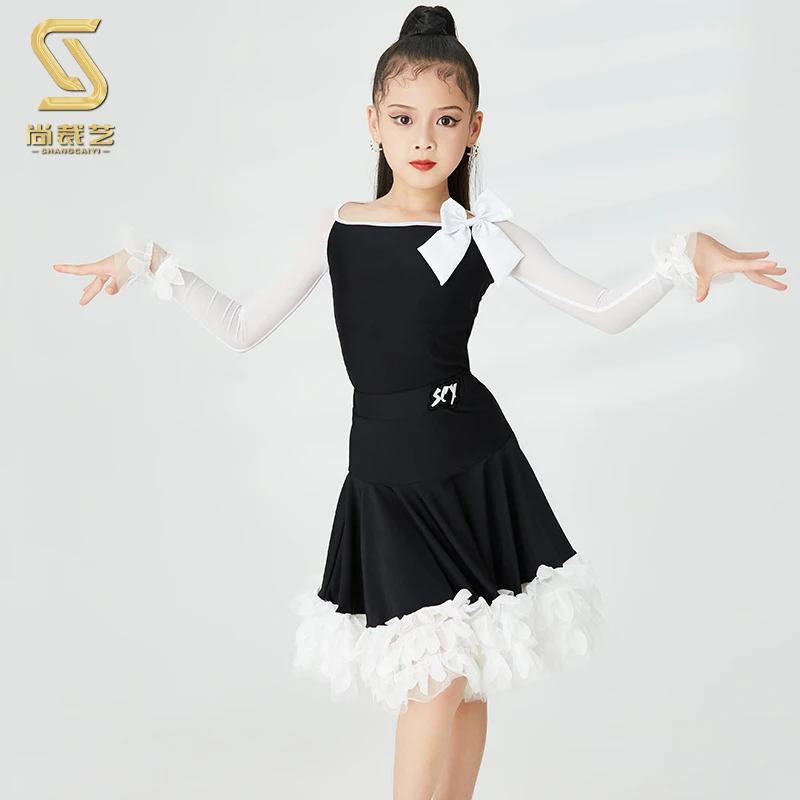 拉丁舞服女童2023春夏新款练功服少儿黑白花边套装高级感裙22085