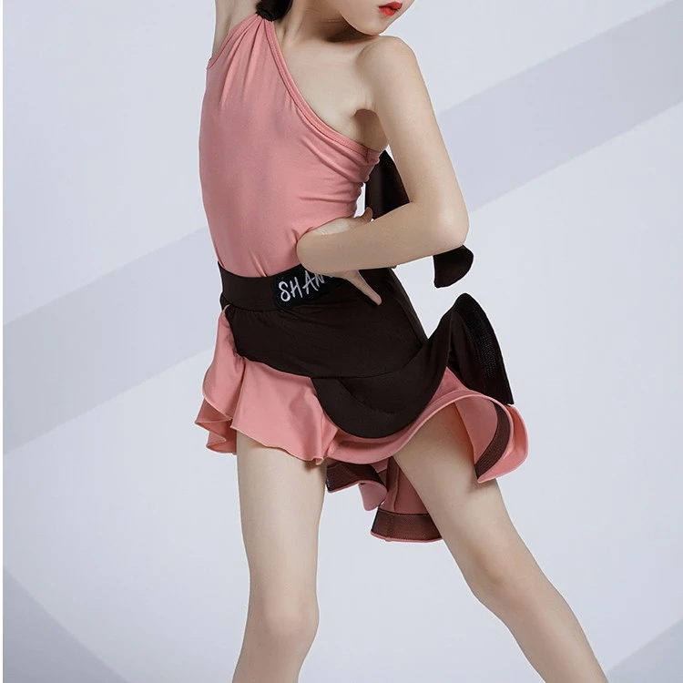 尚裁艺少儿拉丁舞服女粉新款斜肩吊带练习夏季洋气高级套装22056