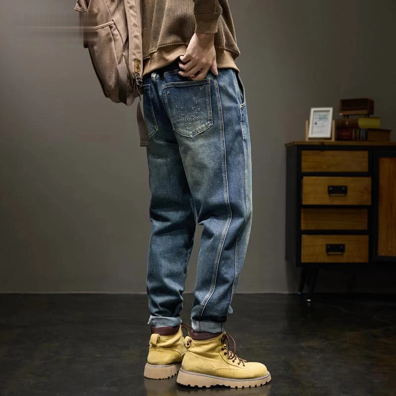 美式复古水洗做旧牛仔裤男士秋冬新款拼接宽松潮牌痞帅小脚直筒裤