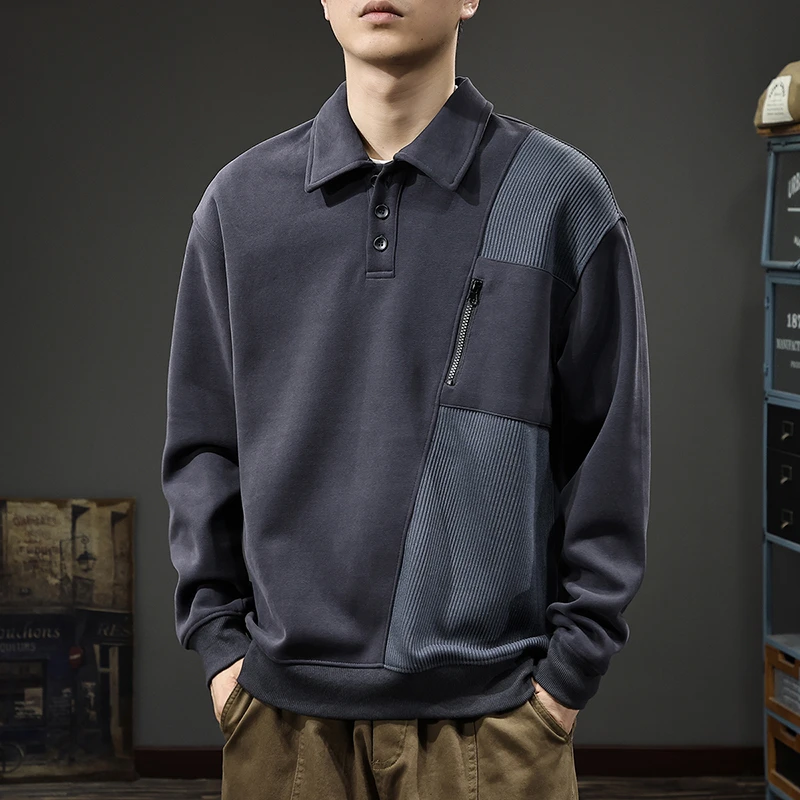 上衣秋冬美式复古长袖POLO衫男重磅宽松大码潮牌休闲百搭拼接卫衣