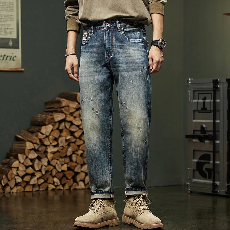 春秋季新款男士潮牌美式复古宽松直筒牛仔裤休闲百搭长裤男装裤子