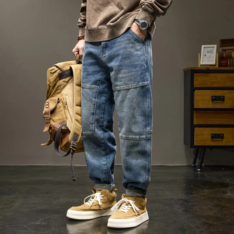 秋冬美式休闲水洗牛仔裤男士宽松哈伦小脚裤潮牌拼接锥形直筒长裤