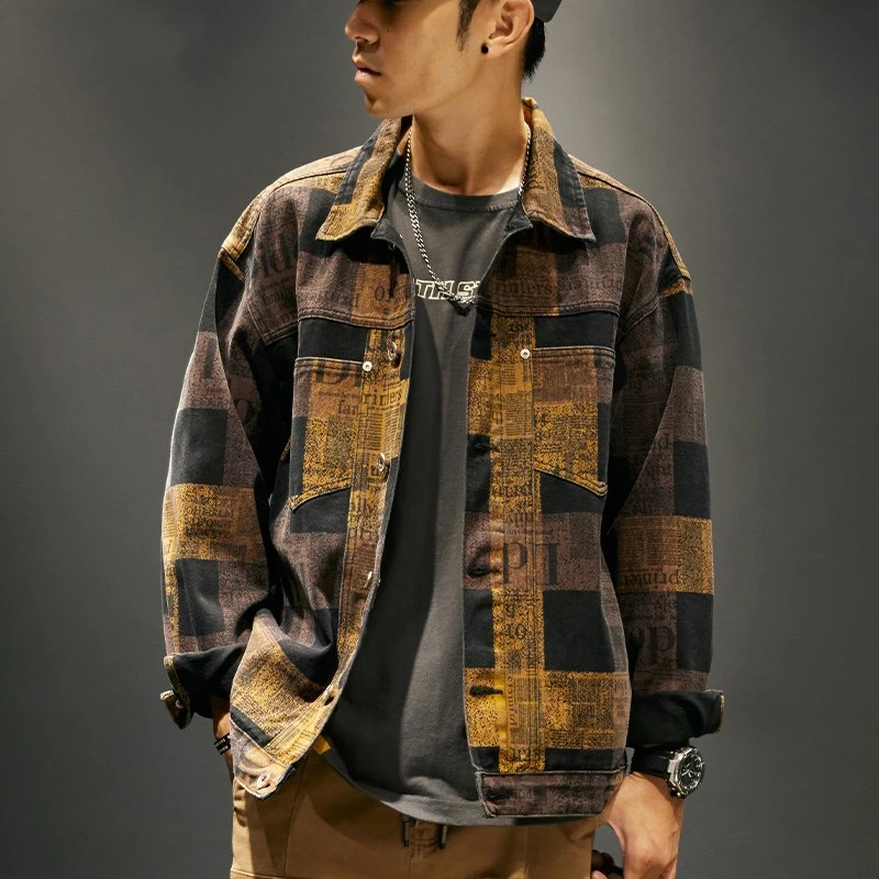 秋季潮牌牛仔外套男宽松美式格子衫休闲工装夹克秋冬加绒春秋男装