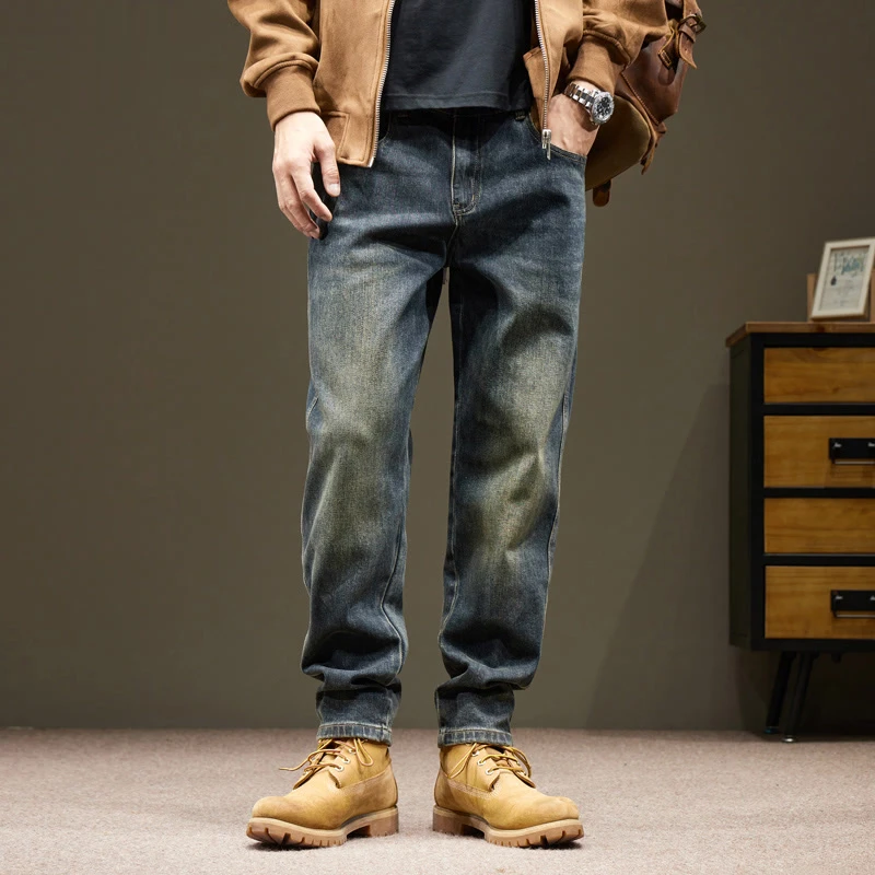 复古水洗弹力牛仔裤男士宽松哈伦直筒裤秋季休闲简约百搭锥形长裤