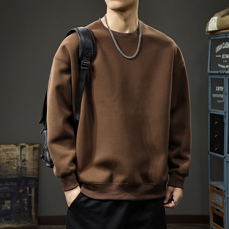 2024秋季纯色休闲卫衣男美式圆领套头长袖重磅宽松大码内搭上衣潮