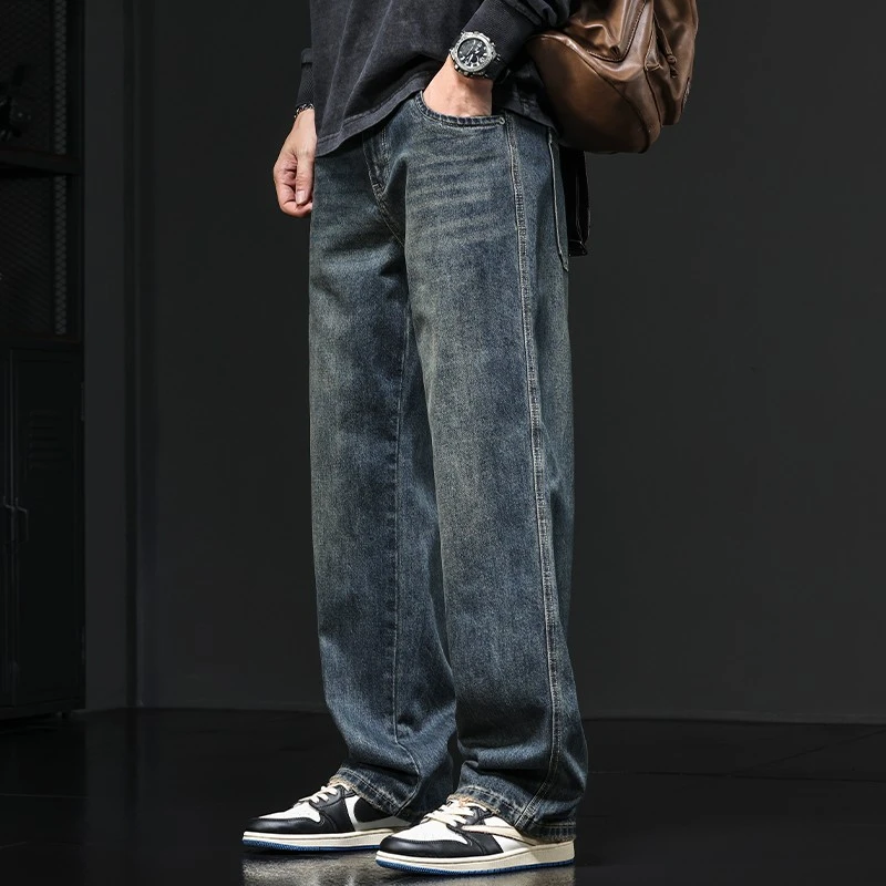直筒牛仔裤男款秋冬季男士美式潮牌高街复古宽松阔腿裤加绒长裤子