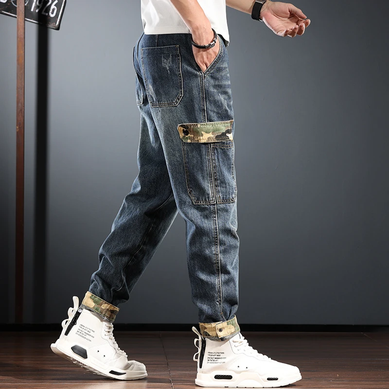 宽松新款秋冬款美式休闲男士牛仔裤百搭冬季加绒潮牌哈伦工装裤子