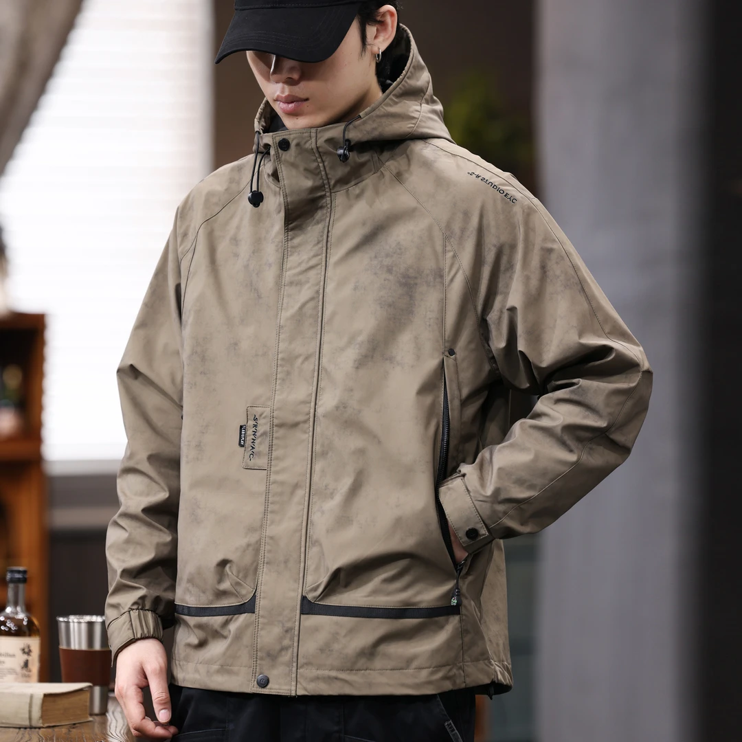 美式复古休闲夹克衣服男秋季宽松连帽上衣潮牌迷彩冲锋衣外套男款