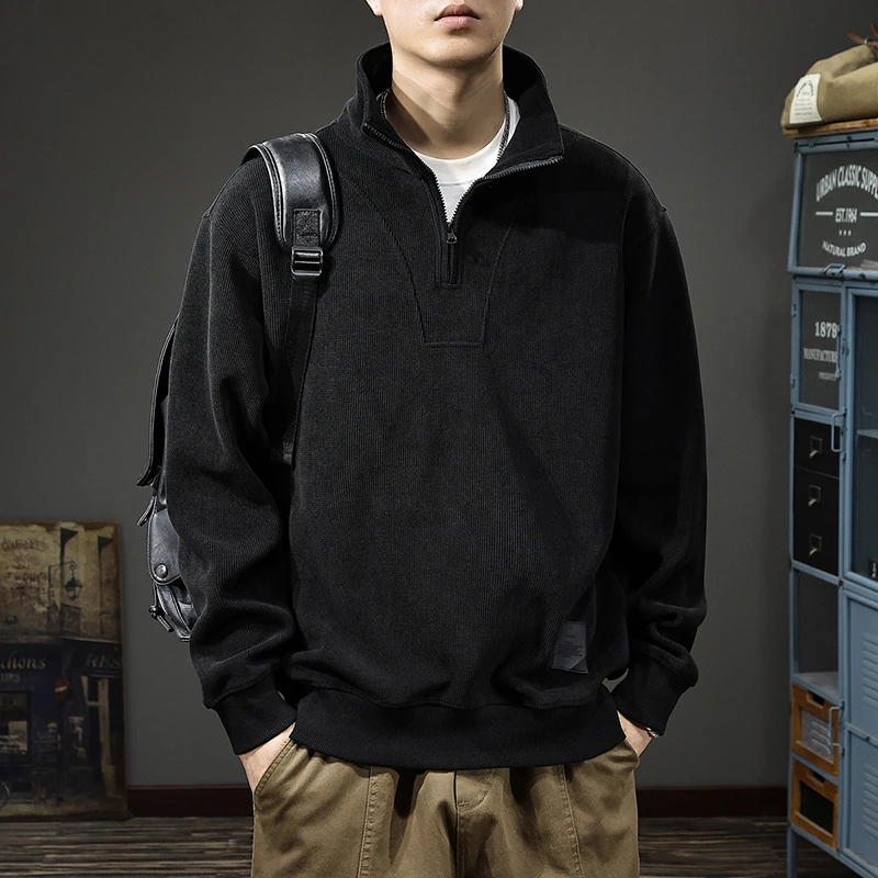 秋季新款半拉链立领男士卫衣秋冬加绒雪尼尔宽松大码潮牌休闲外套