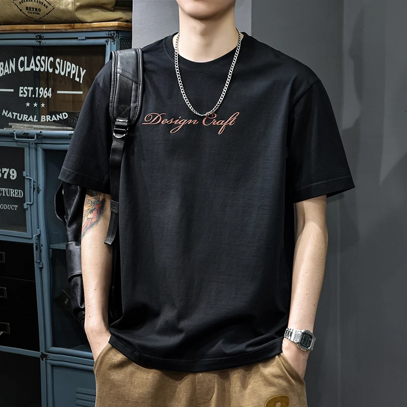 夏季潮牌印花短袖t恤男美式高街宽松半袖纯棉透气休闲五分袖体恤T