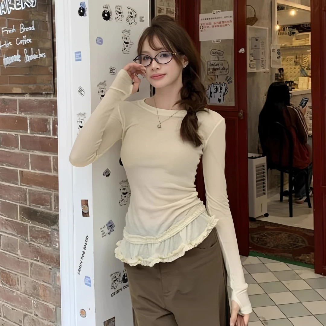 （舒芙蕾）秋季多色基础款双层花边下摆弹力修身打底长袖上衣设计感