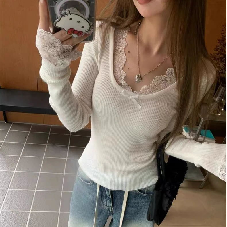 蕾丝花边拼接打底衫女纯欲U领修身内搭上衣早秋款螺纹长袖t恤