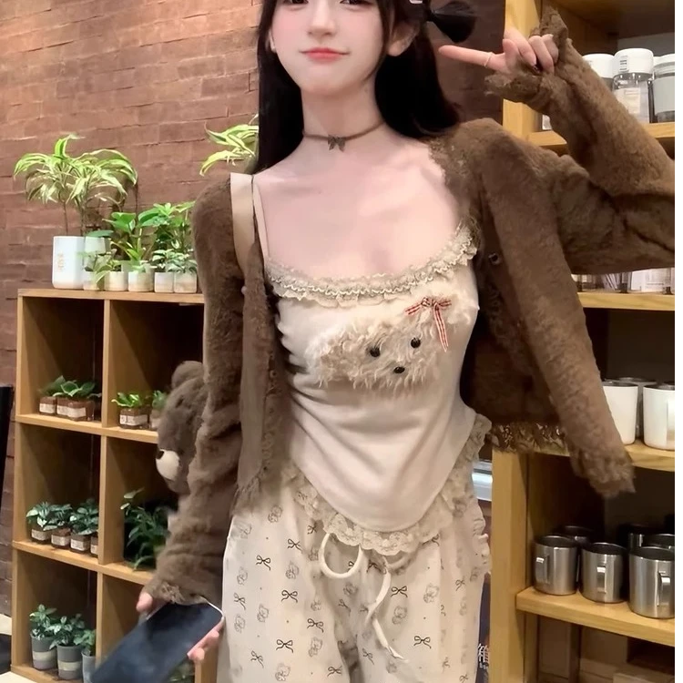 奶油小狗 秋冬显瘦内搭背心纯欲碎花蕾丝辣妹休闲长裤开衫百搭