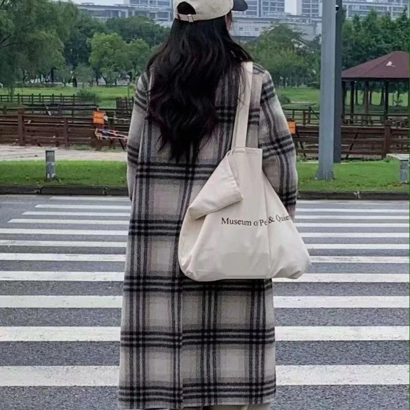 新款长毛高级感韩系格子双面羊毛大衣过膝长款羊毛呢外套超长冬款