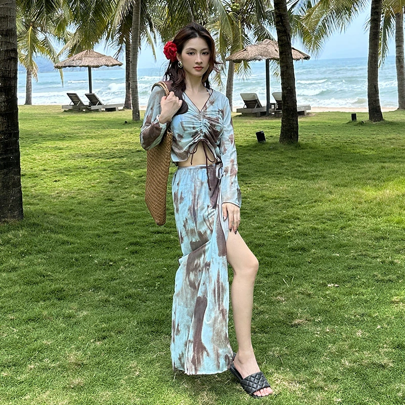 比基尼泳衣女长裙分体四件套性感大码胖mm修身显瘦泡温泉度假泳装