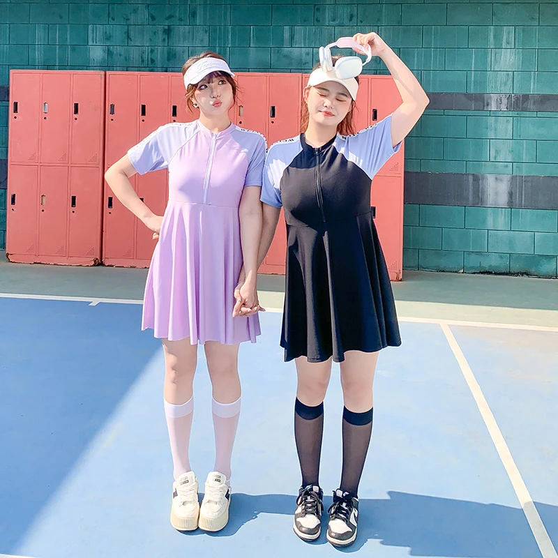 大码泳衣女200斤连体学生运动保守撞色新款遮肚显瘦胖mm温泉泳装