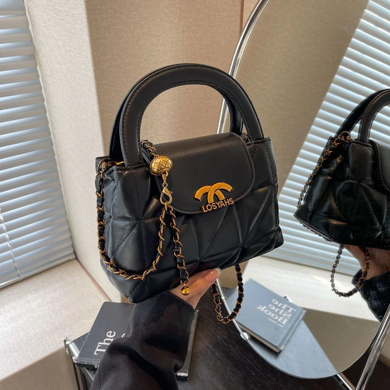 法式高颜值小香风包包女2024年新款菱格链条小金球手提单肩斜挎包